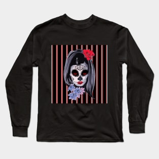 Red White and Black Striped Graphic & makeup mask,floral,flower skull Long Sleeve T-Shirt